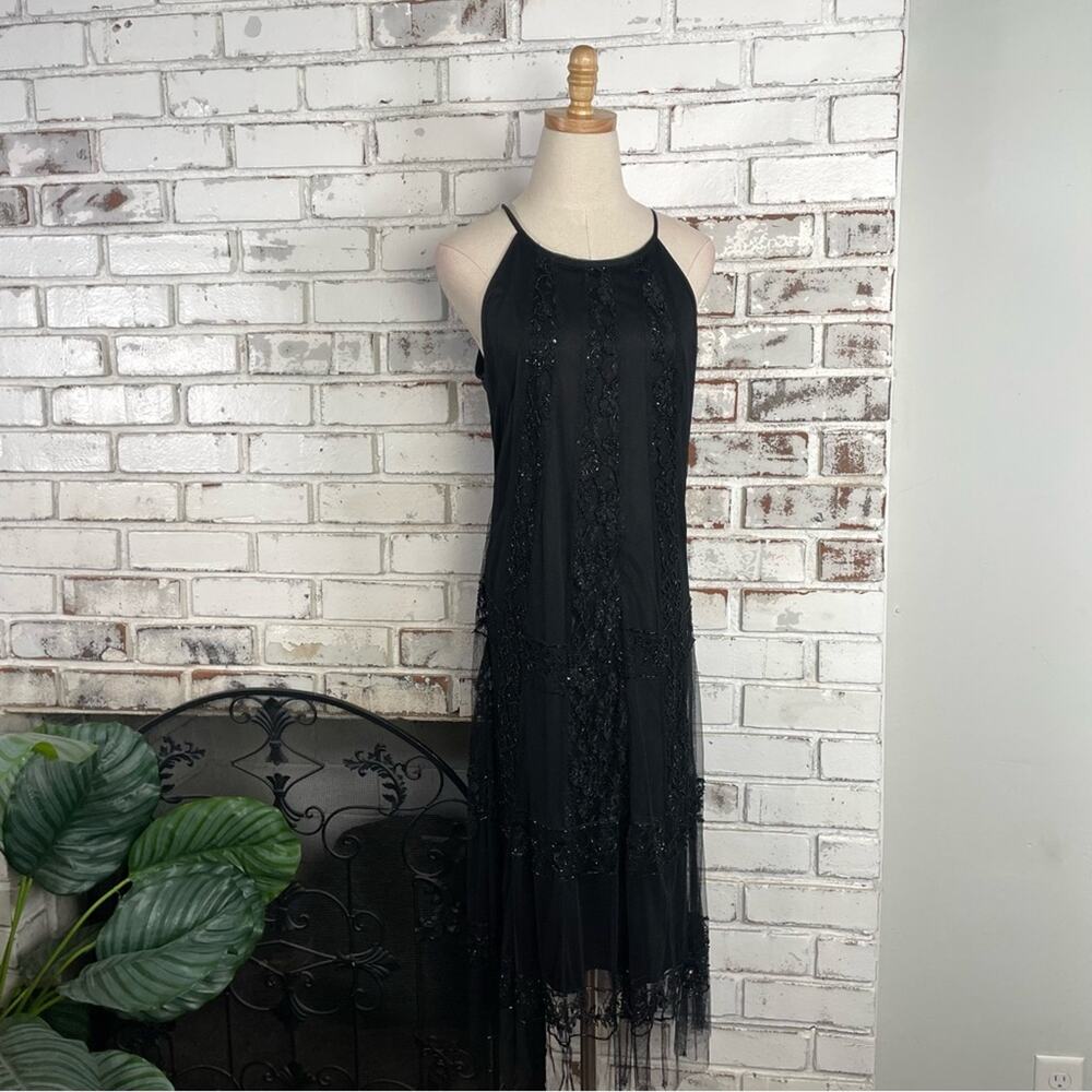 Vintage 90s Stenay Black Beaded Floral Sheer Sleeveless Midi Dress Size 12